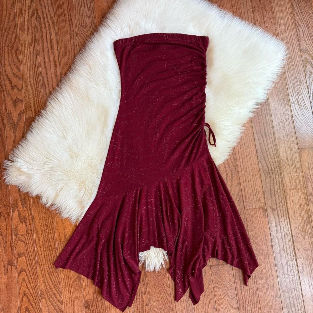 Y2k red strapless shimmer assymetrical dress